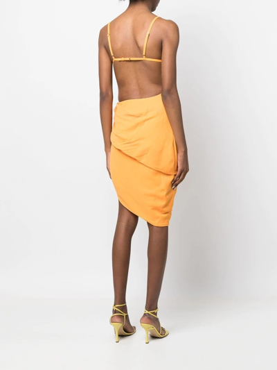 Shop Jacquemus Asymmetric Ruched Dress In Orange
