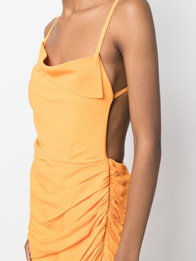 Shop Jacquemus Asymmetric Ruched Dress In Orange