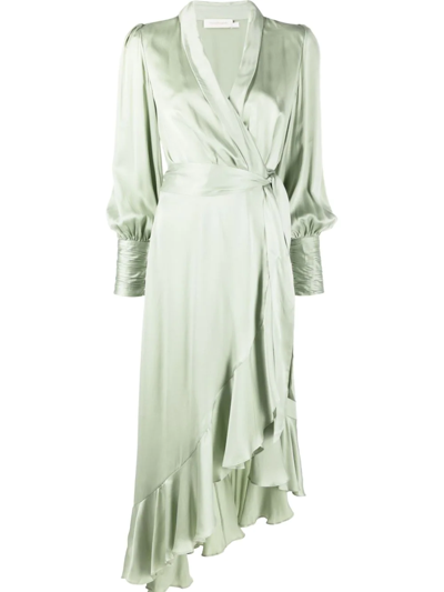 Shop Zimmermann Asymmetric Silk Wrap Dress In Grün