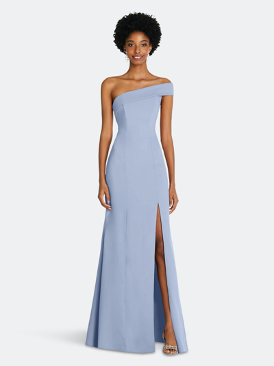 Shop After Six Asymmetrical Off-the-shoulder Cuff Trumpet Gown With Front Slit In Blue