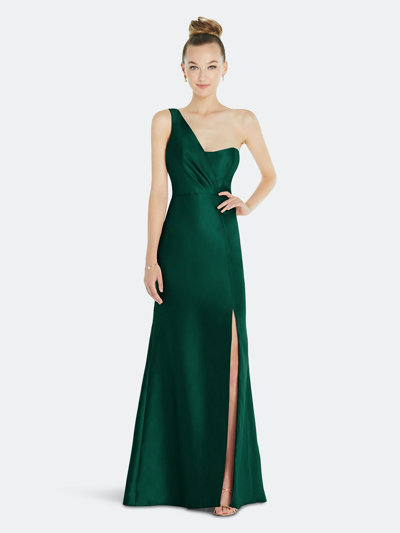 Shop Alfred Sung Draped One-shoulder Satin Trumpet Gown With Front Slit In Green