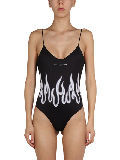 Shop Vision Of Super Flames One-piece Swimsuit In Nero
