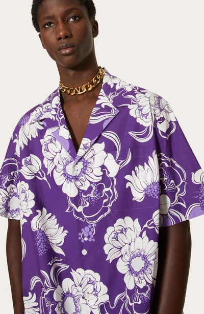 Shop Valentino Tropical Floral Boxy Fit Bowling Shirt In Violet