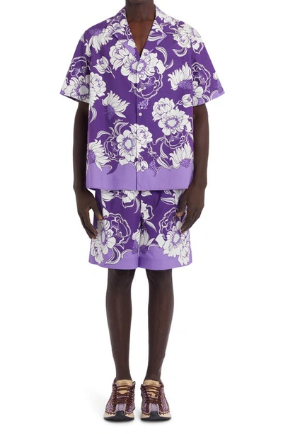 Shop Valentino Tropical Floral Boxy Fit Bowling Shirt In Violet