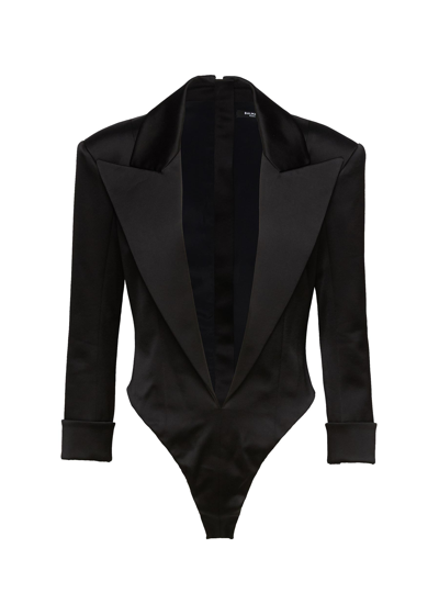 Shop Balmain Peak Lapel Open Collar Bodysuit In Black