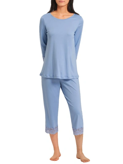Shop Hanro Moments Cropped  Knit Pajama Set In Blue Moon
