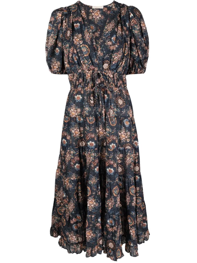 Shop Ulla Johnson Floral-print Puff-sleeve Dress In Blue