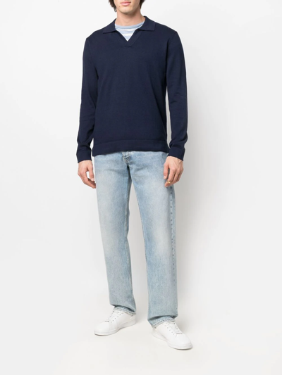 Frescobol Carioca Aurelio Buttonless Cotton And Wool-blend Polo Shirt In Blue