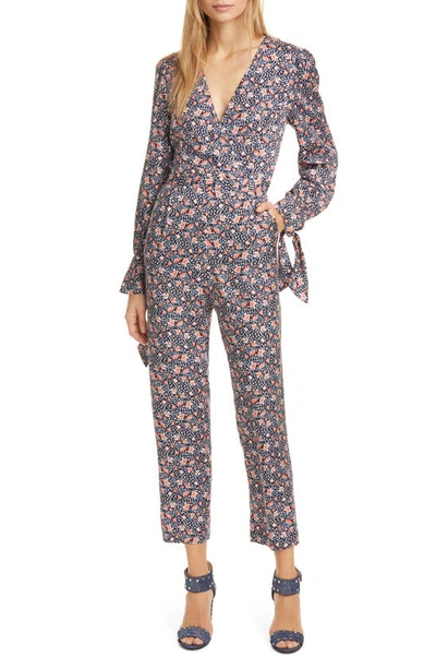 Shop Rebecca Taylor Twilight Floral Long Sleeve Silk Blend Jumpsuit In Dark Navy Combo