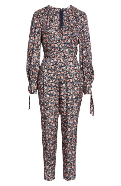 Shop Rebecca Taylor Twilight Floral Long Sleeve Silk Blend Jumpsuit In Dark Navy Combo