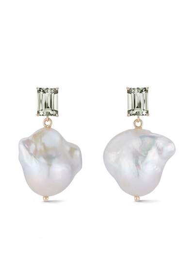 Shop Mateo 14kt Yellow Gold Baroque Pearl And Green Amethyst Drop Earrings
