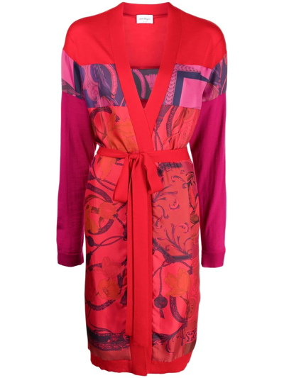 Ferragamo Heritage-print Long Belted Cardigan In Red