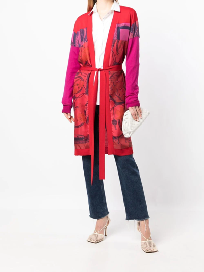 Ferragamo Heritage-print Long Belted Cardigan In Red