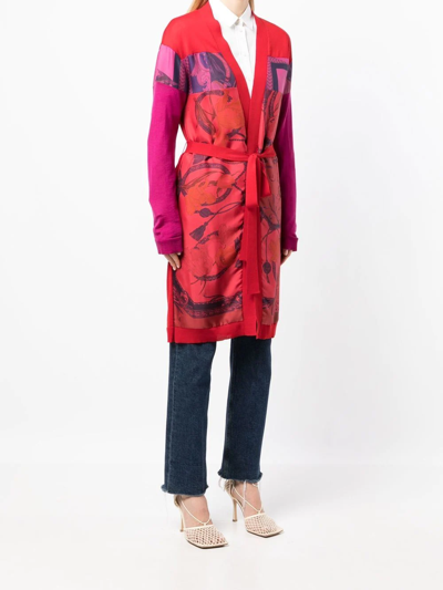 Ferragamo Heritage-print Long Belted Cardigan In Red