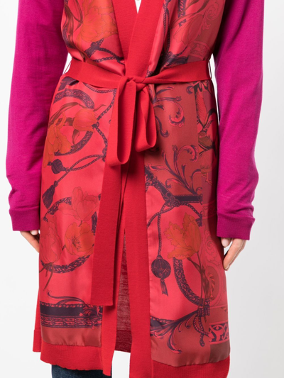 Ferragamo Heritage-print Long Belted Cardigan In Red