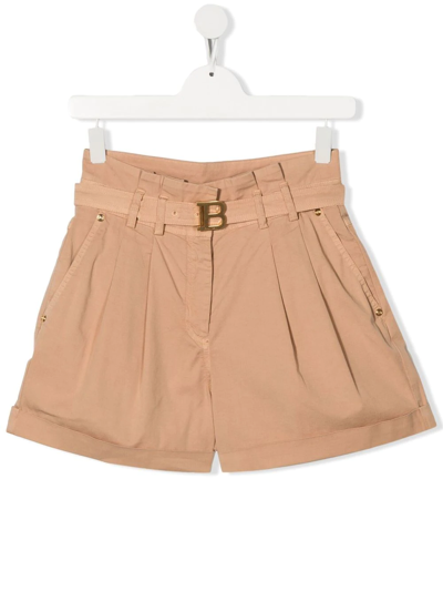 Shop Balmain Belted Cotton Bermuda Shorts In Neutrals
