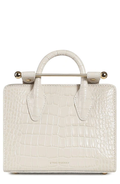 Shop Strathberry Nano Croc Embossed Leather Tote In Vanilla