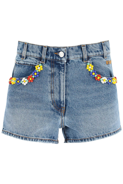 Shop Msgm Denim Shorts With Bead Floral Detailing In Blue
