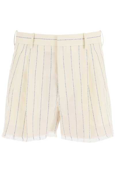 Shop Marni Pinstriped Fresco Wool Short Pants In White,blue