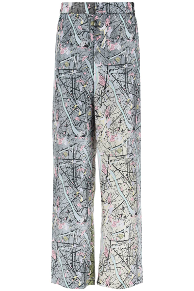 Shop Fendi Map Silk Trousers In Grey,pink,black