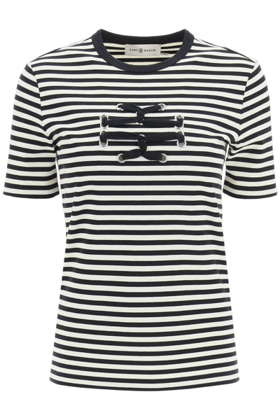 Shop Tory Burch 'double T' Striped T-shirt In White,black