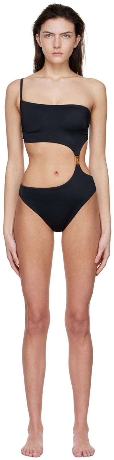 Shop Versace Black Nylon Single-shoulder One-piece Swimsuit In 1b000 Black