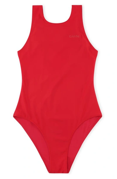Shop Ganni Core Solid High Neck One-piece Swimsuit In High Risk Red