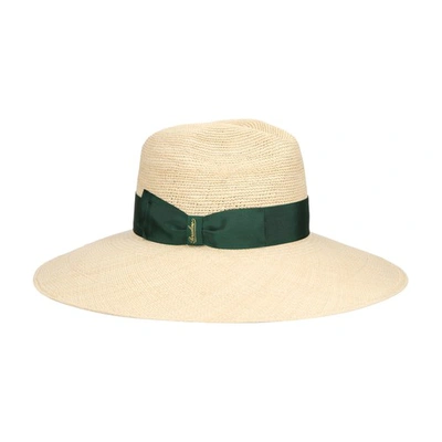 Shop Borsalino Sophie Panama Semicrochet In Natural Malachite Green Hatband