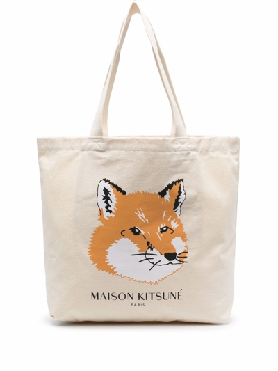 Shop Maison Kitsuné Tote Bag With Print In Nude & Neutrals