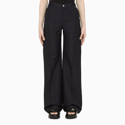 Shop Marine Serre Dark Blue Wool Blend Flared Trousers