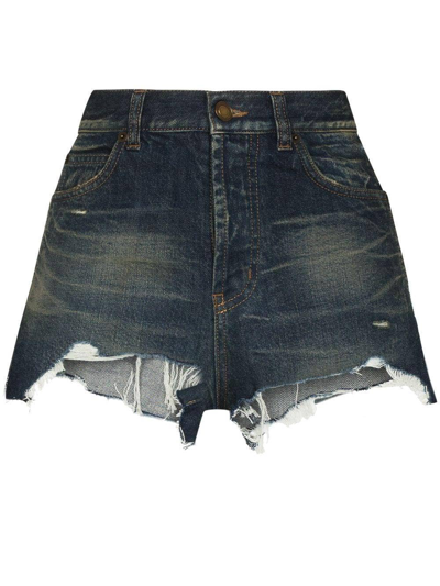 Shop Saint Laurent Distressed Washed Denim Shorts