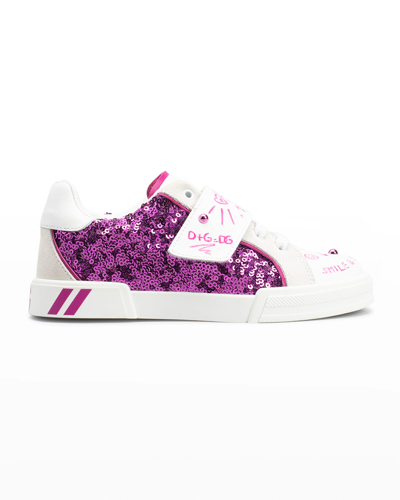 Shop Dolce & Gabbana Girl's Glitter Graffiti Logo Low-top Sneakers, Kids In Orchideabianco