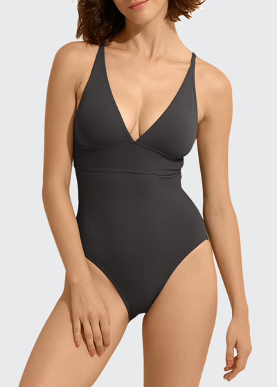 Shop Eres Larcin Deep V Triangle One-piece Swimsuit In Terre Cuite