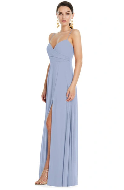Lovely Dessy Collection Adjustable Strap Wrap Bodice Maxi Dress With Front Slit In Sky Blue