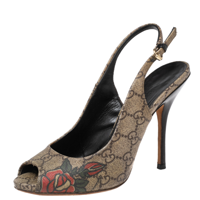 Pre-owned Gucci Beige/brown Gg Supreme Canvas Tattoo Peep-toe Slingback Pumps Size 36