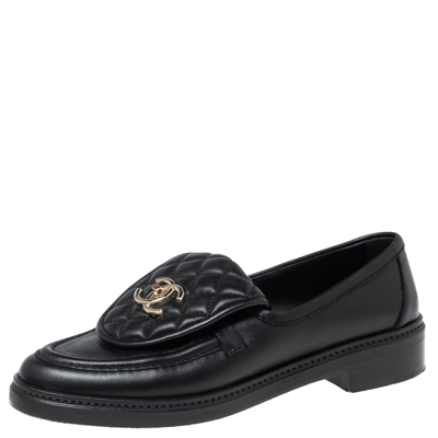 CHANEL CC Turn Lock Leather Quilted Loafers Moccasin Flat Shoes Black Sz 38  NWB
