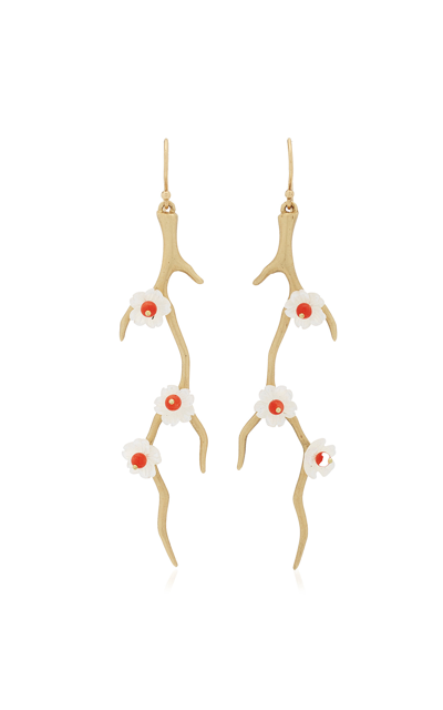 Shop Annette Ferdinandsen Blossom Branch 14k Yellow Gold Mother-of-pearl; Coral Earrings In White