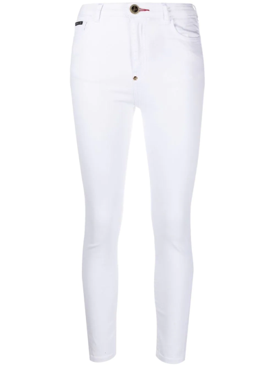 Philipp Plein Embroidered Skull Skinny Jeans In White