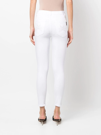 Philipp Plein Embroidered Skull Skinny Jeans In White