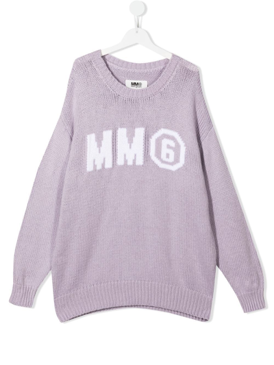Shop Mm6 Maison Margiela Teen Logo-intarsia Knit Jumper In Purple