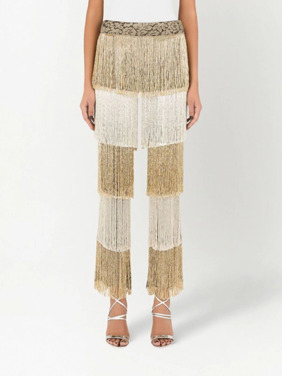 Shop Dolce & Gabbana Beaded Fringing Lace Trousers In Gold