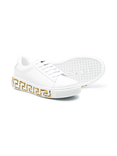 Versace White Greca Border Print Low Top Leather Sneakers In White