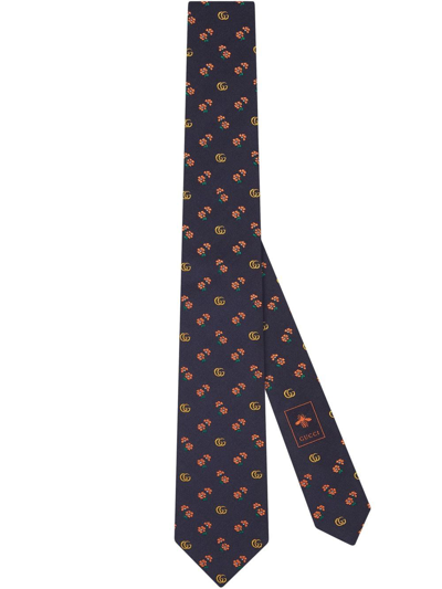 Shop Gucci Double G Flowers Silk Jacquard Tie In Blue