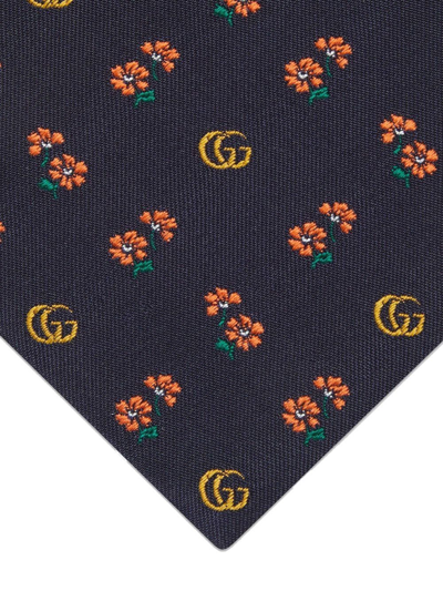 Shop Gucci Double G Flowers Silk Jacquard Tie In Blue