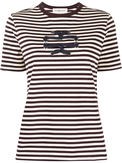 Shop Tory Burch Woven Double T Striped T-shirt In Neutrals