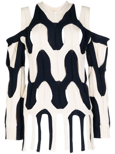 Dion Lee Cutout Two-tone Cable-knit Cotton Sweater In Blue