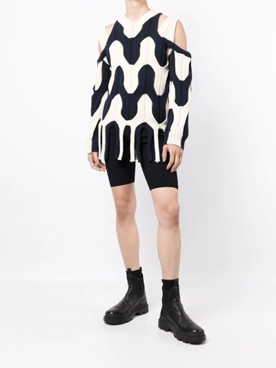 Dion Lee Cutout Two-tone Cable-knit Cotton Sweater In Blue