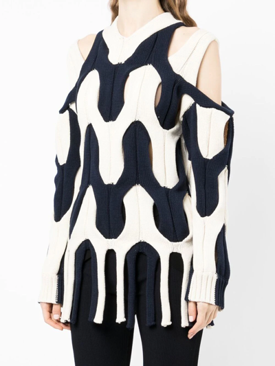 Dion Lee Cutout Two-tone Cable-knit Cotton Sweater In Blue