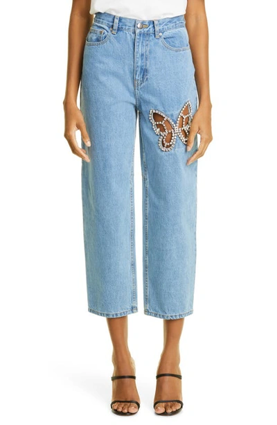 Shop Area Crystal Cutout Butterfly High Waist Crop Straight Leg Jeans In Light Blue