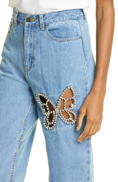 Area Crystal Cutout Butterfly High Waist Crop Straight Leg Jeans In Light Blue
